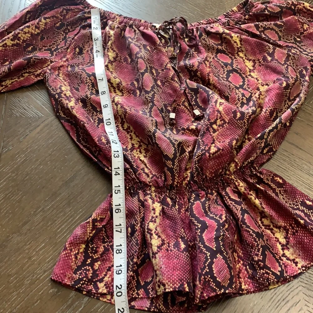 Michael Kors burgundy & blacks skin print peplum silk top Size XS
